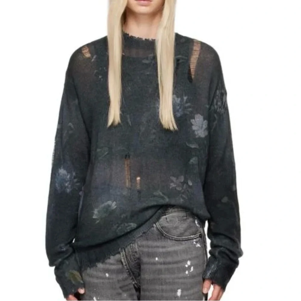 R13 distressed cashmere floral boyfriend sweater - Picture 2 of 9